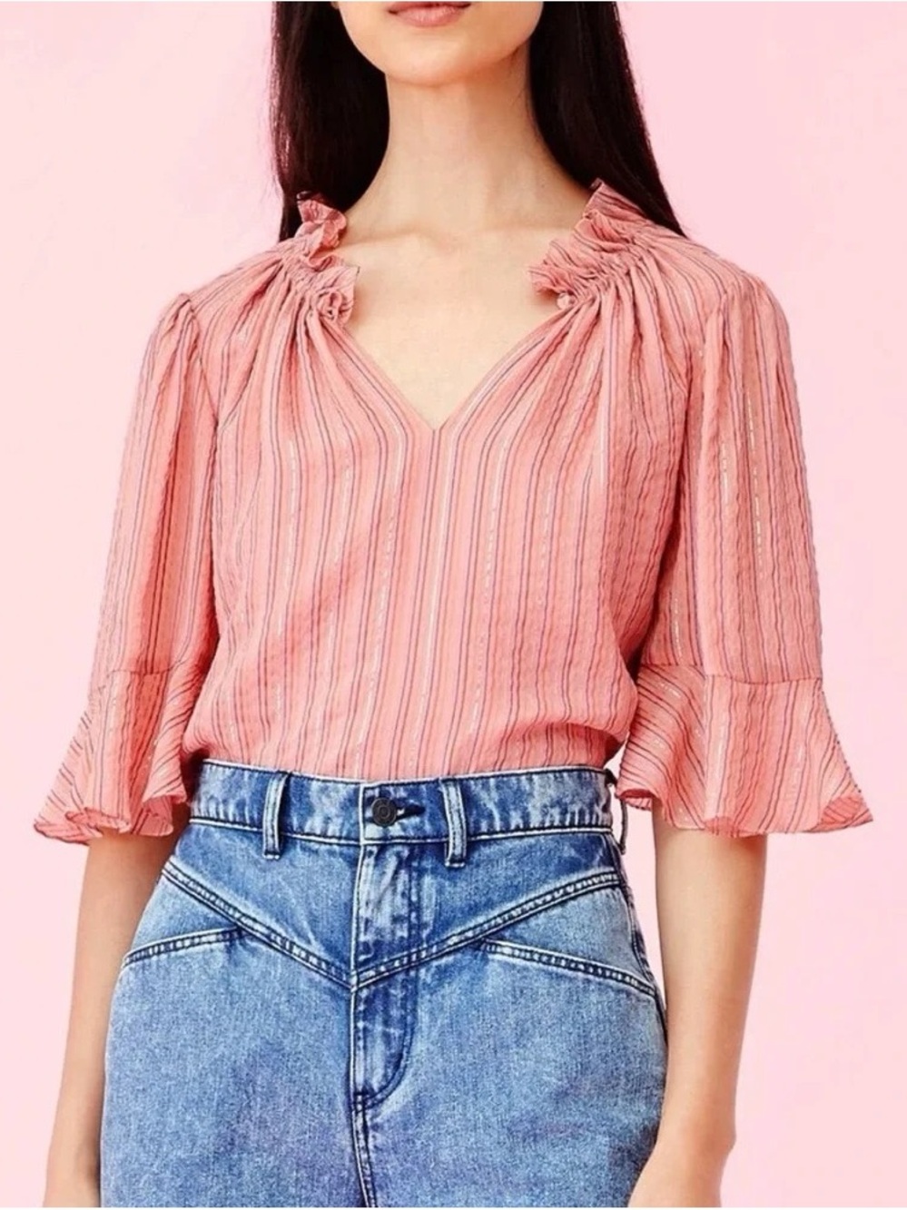 Rebecca Taylor Multi Lurex Stripe Silk Blend Ruffle Blouse Pink Gold Metallic S